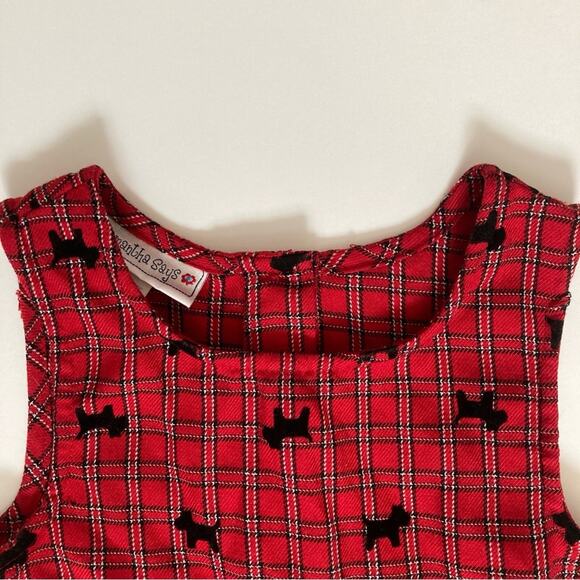 Samantha Says Red Tartan Plaid Velvet Scottie Dogs Button Back Tie Formal Dress - Picture 5 of 11